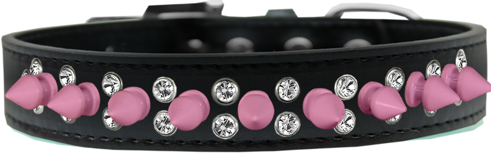Double Crystal and Light Pink Spikes Dog Collar Black Size 12